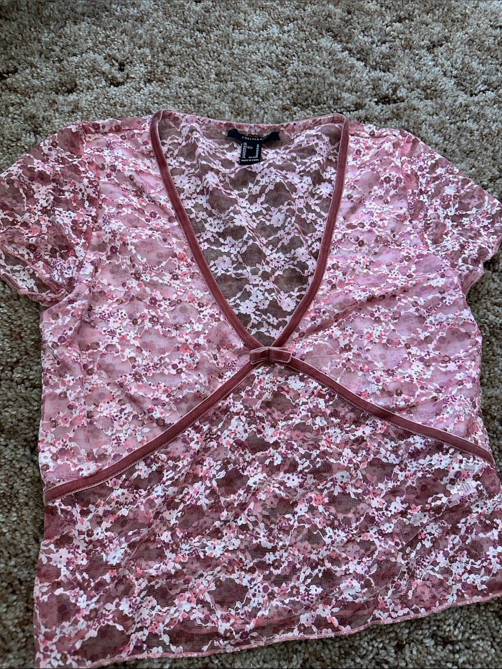 Forever 21Floral Pink Lace V-Neck Velvet-Trim Top